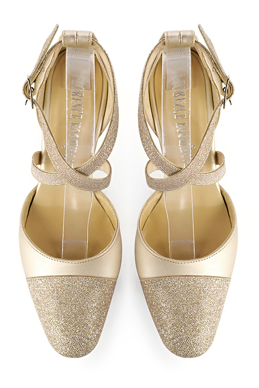 Gold women's open side shoes, with crossed straps. Round toe. High slim heel. Top view - Florence KOOIJMAN